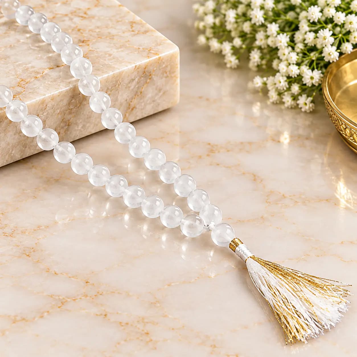 White Crystal (Sphatik) Mala with Gold Tassel