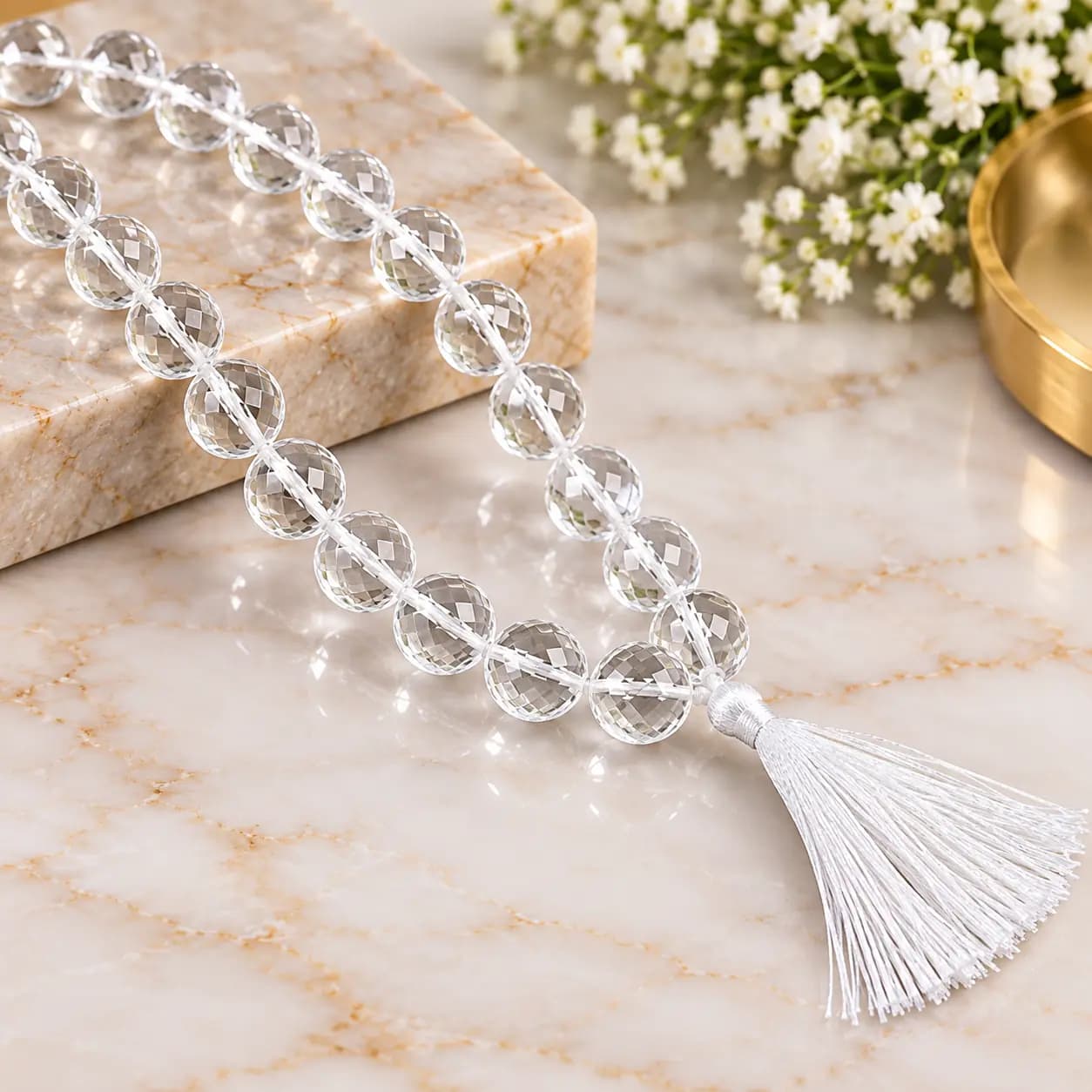 Sphatik Faceted Beads Mala with White Tassel