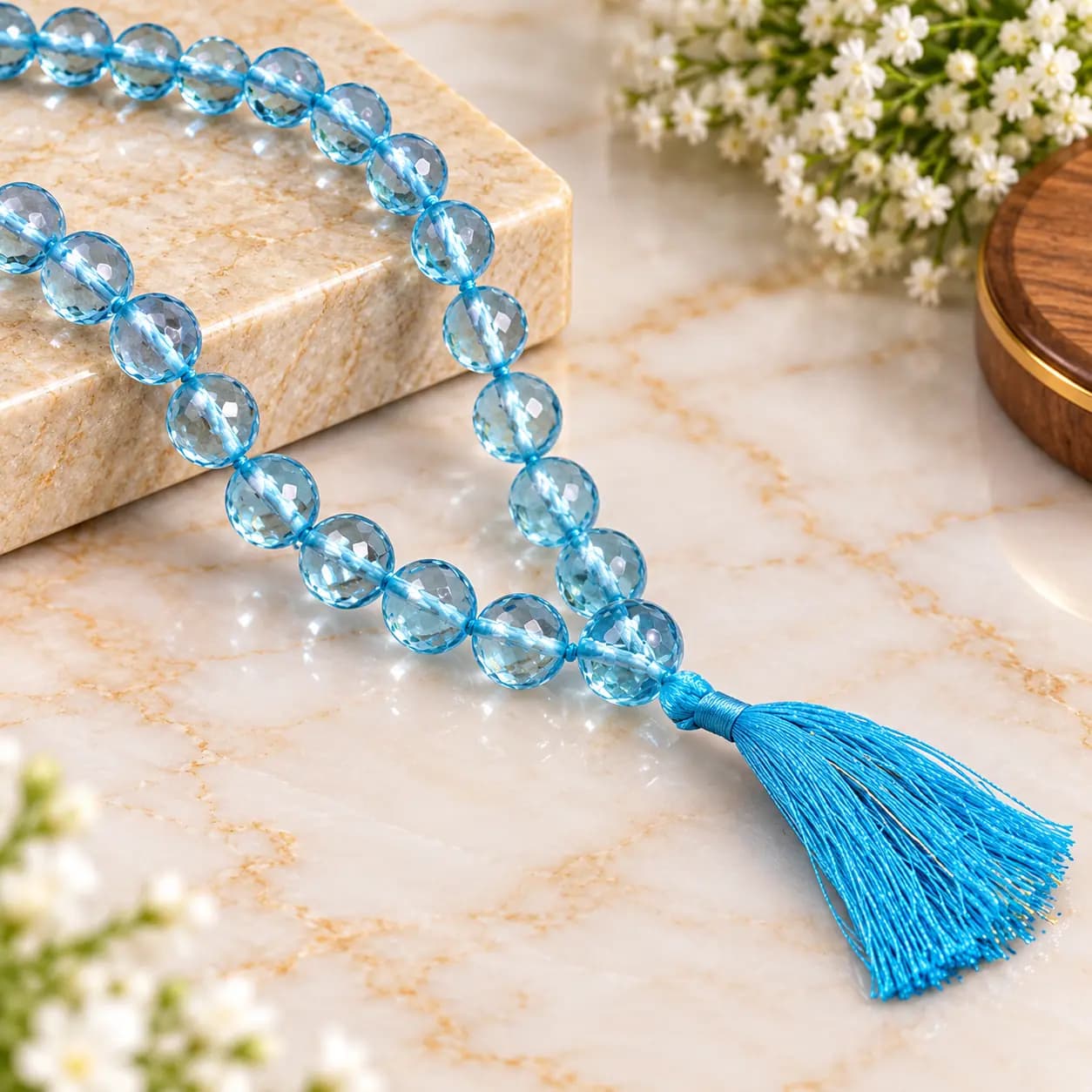 Blue Crystal (Topaz) Faceted Beads Mala