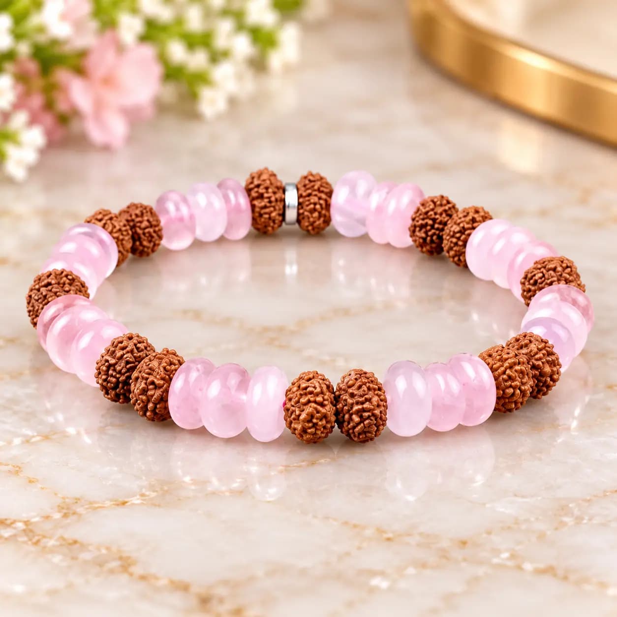 Rose Quartz & 7 Mukhi Rudraksha Bracelet