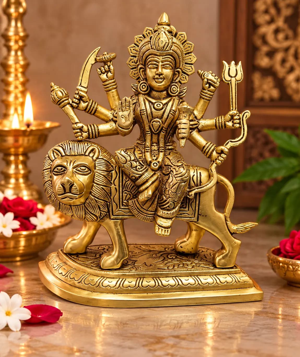 Goddess Durga on Lion Brass Idol