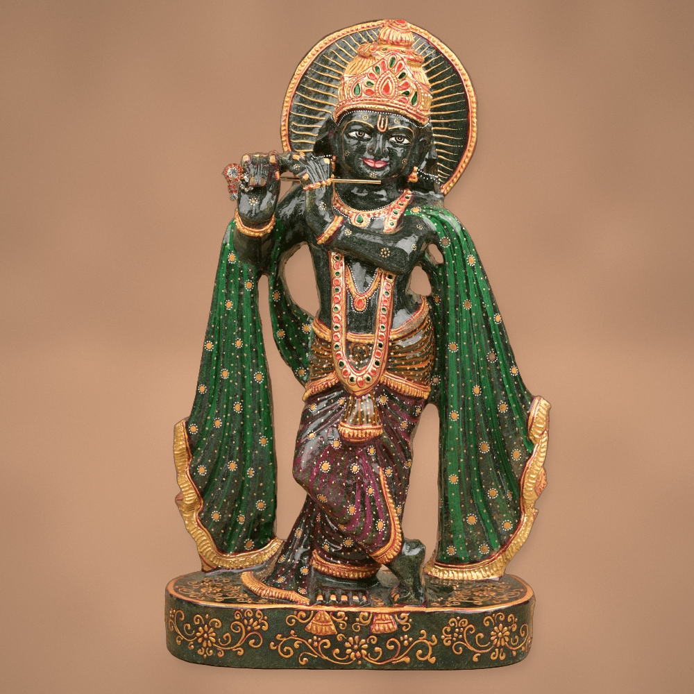 Green Aventurine Bansuri Krishna Idol (Painted Indian Jade)