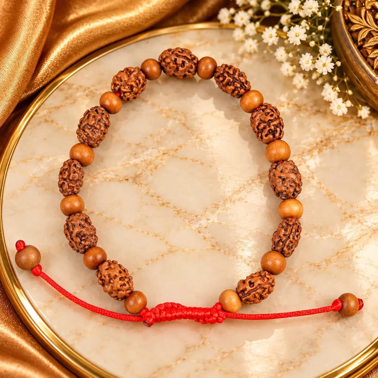 2 Mukhi Rudraksha & White Sandalwood Adjustable Bracelet
