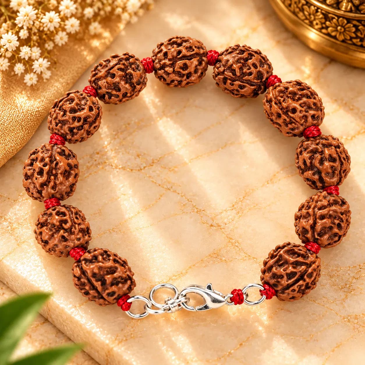 4 Mukhi Rudraksha x Elliptical Red Sandal Bracelet
