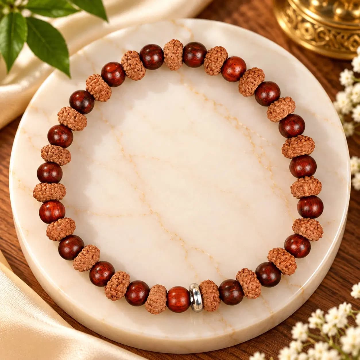 Premium 7 Mukhi Rudraksha x White Sandalwood Adjustable Bracelet