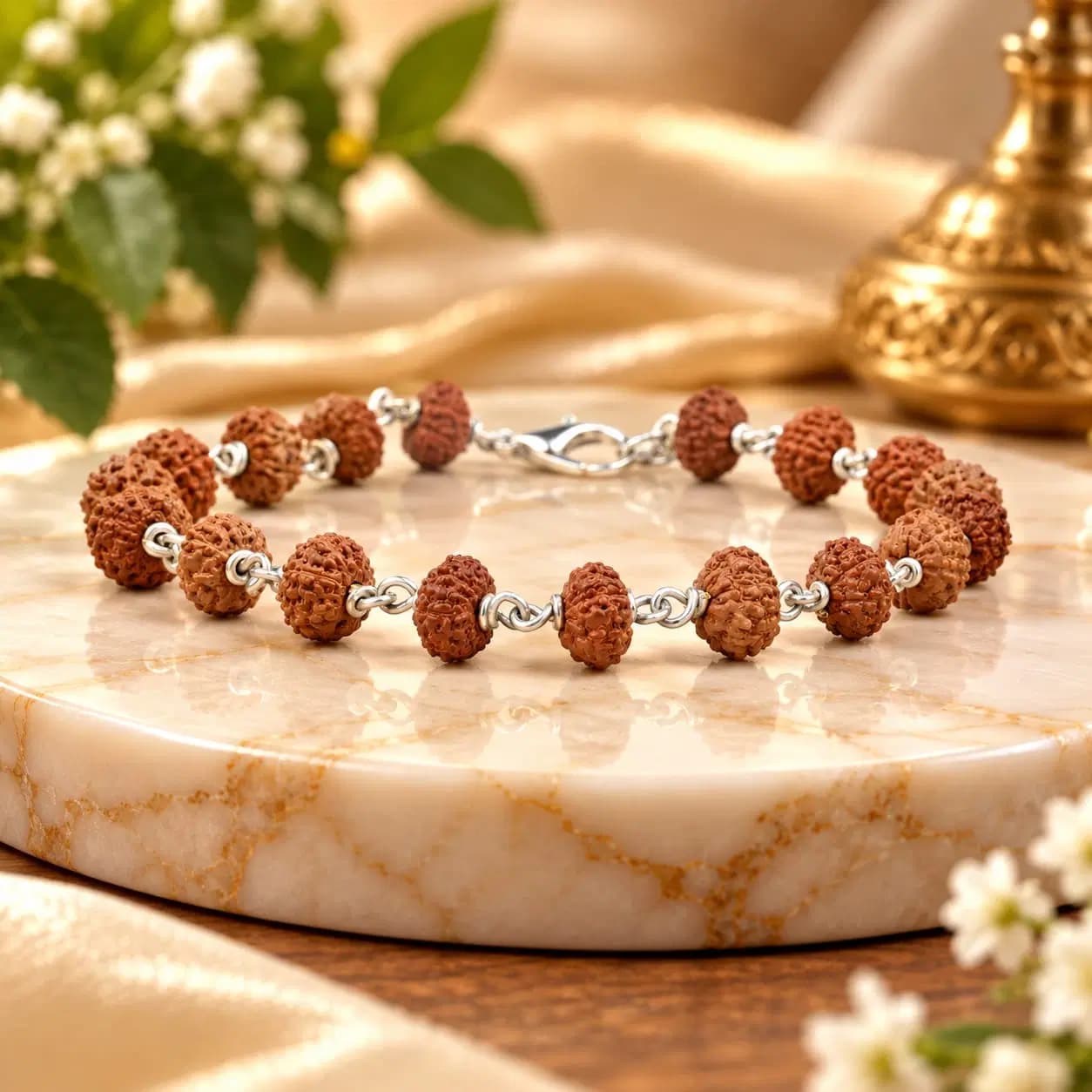 Premium 7 Mukhi Rudraksha Silver Flower Caps Bracelet