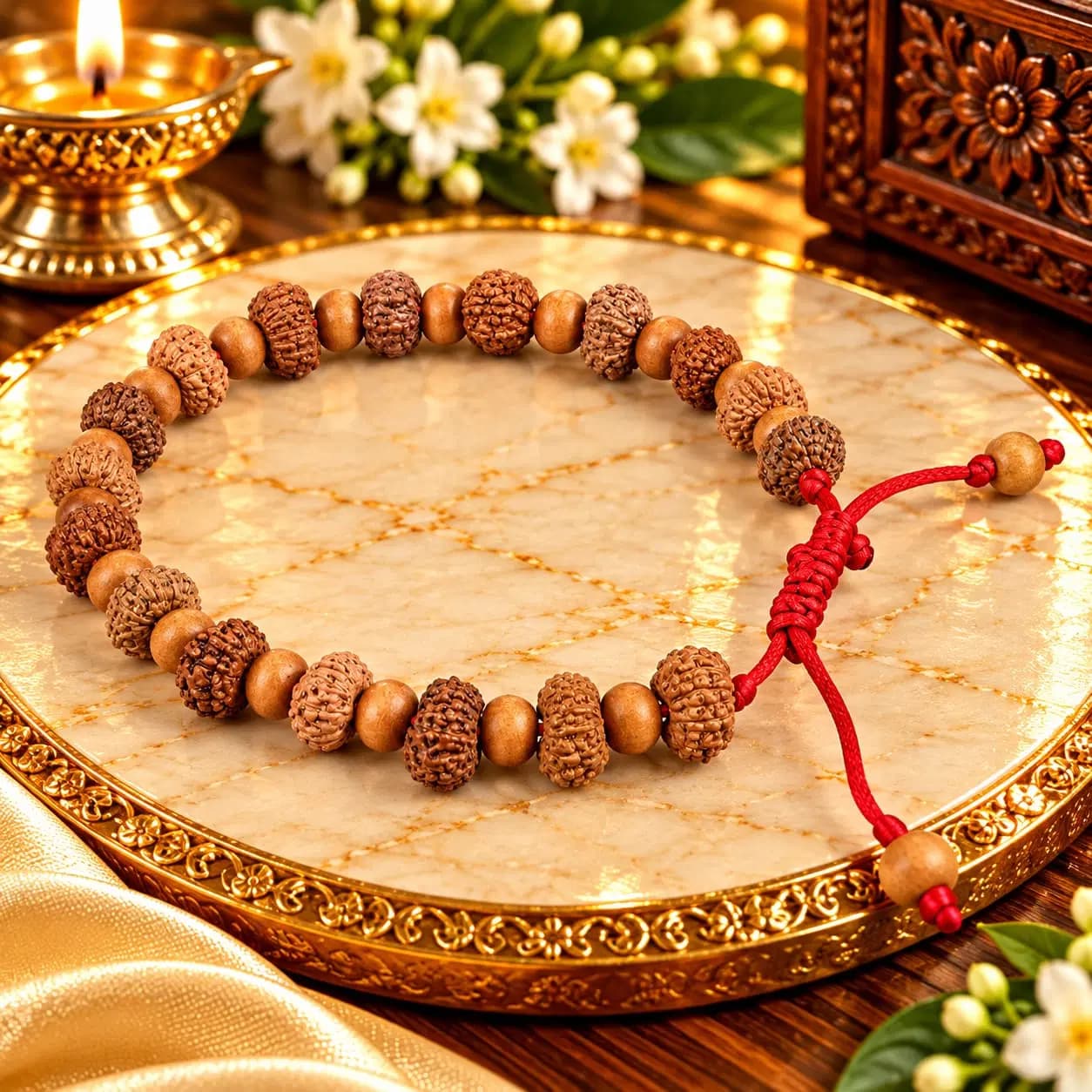 14 Mukhi Rudraksha x White Sandalwood Adjustable Bracelet