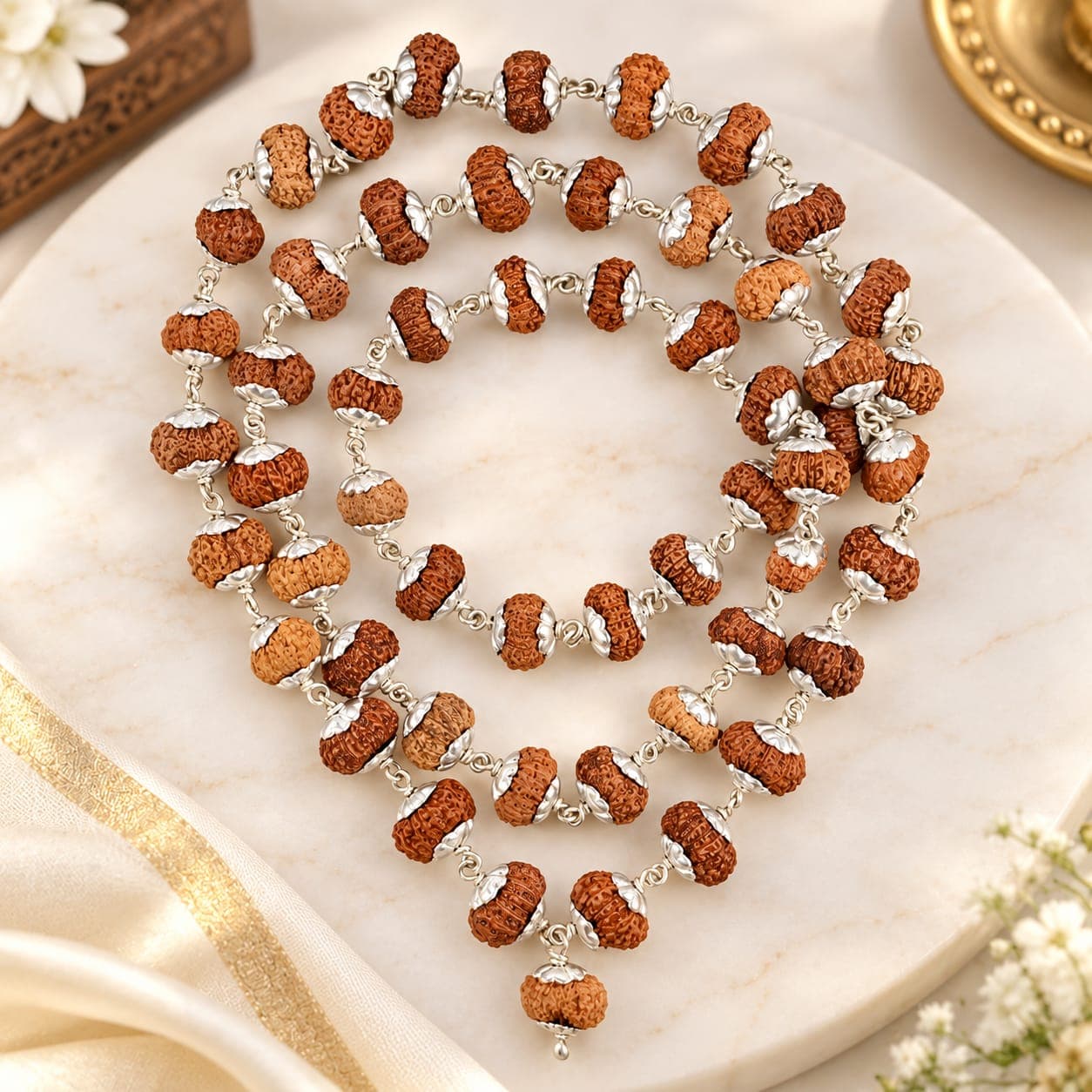 15 Mukhi Nepali Rudraksha 925 Silver Flower Caps Kantha