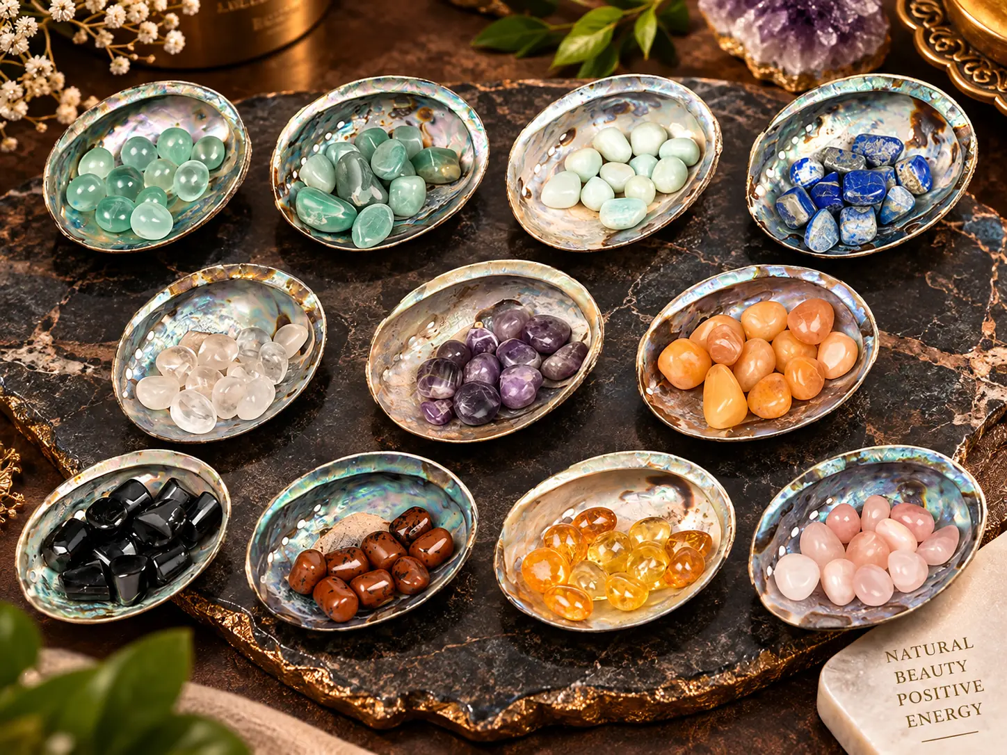 Natural Gemstone Crystal Chips Abalone Bowls Set (11 Bowls)