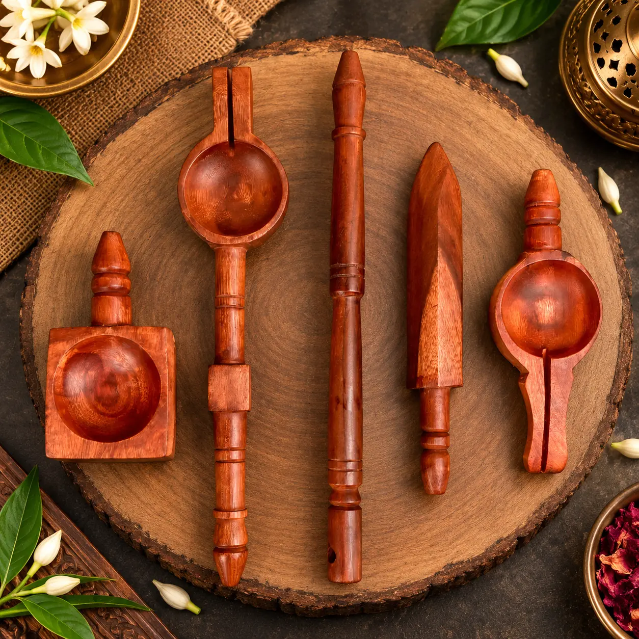Wooden Puja Ritual Tools Set (5 Pieces)