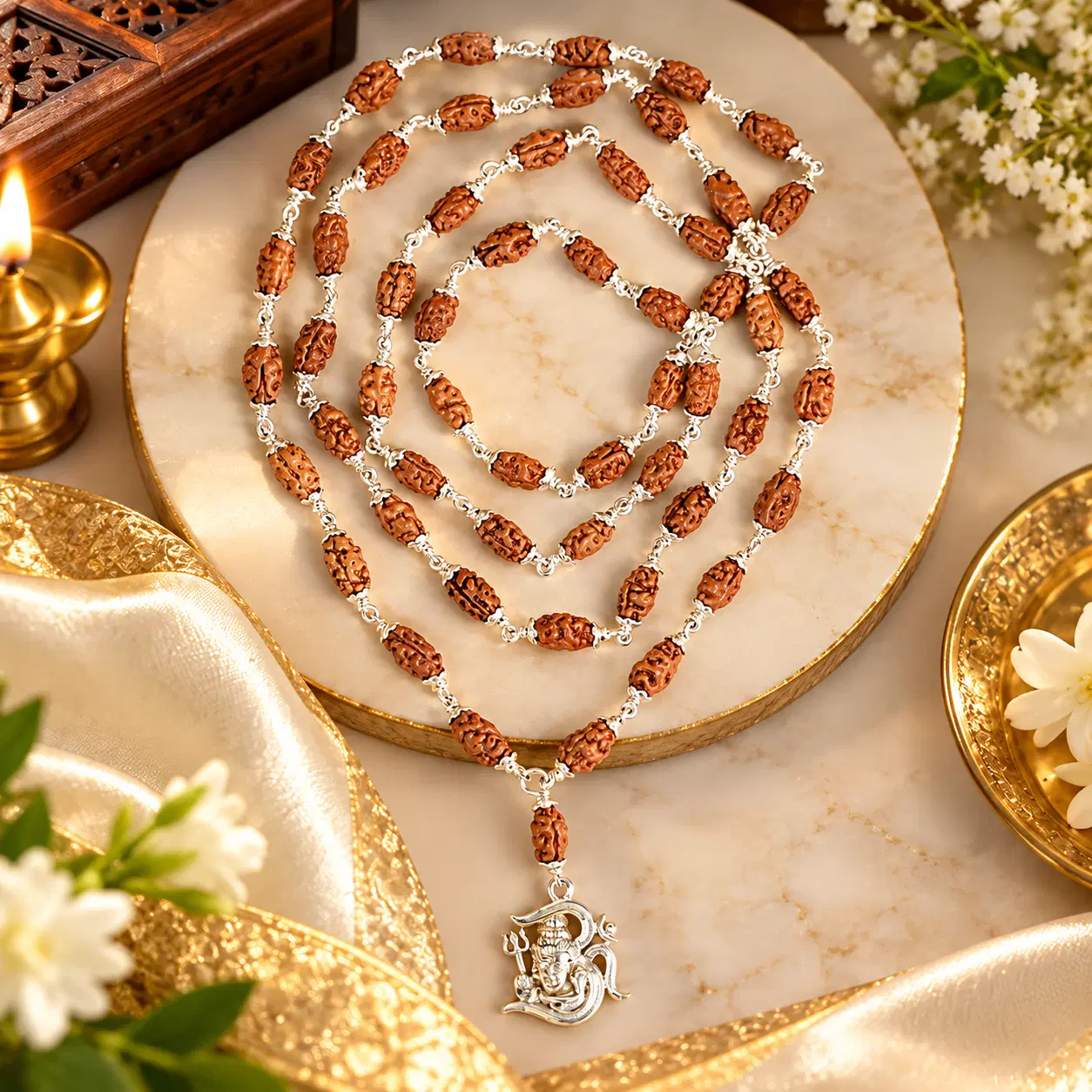 1 Mukhi Shivnetra 925 Silver Flower Caps Mala