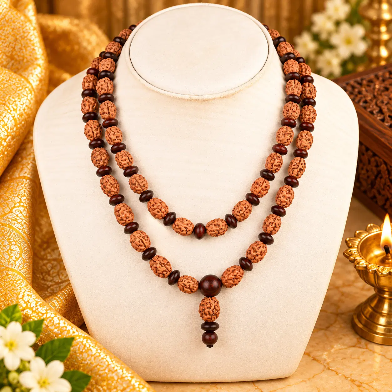 3 Mukhi x Red Sandal Elliptical Beads Mala