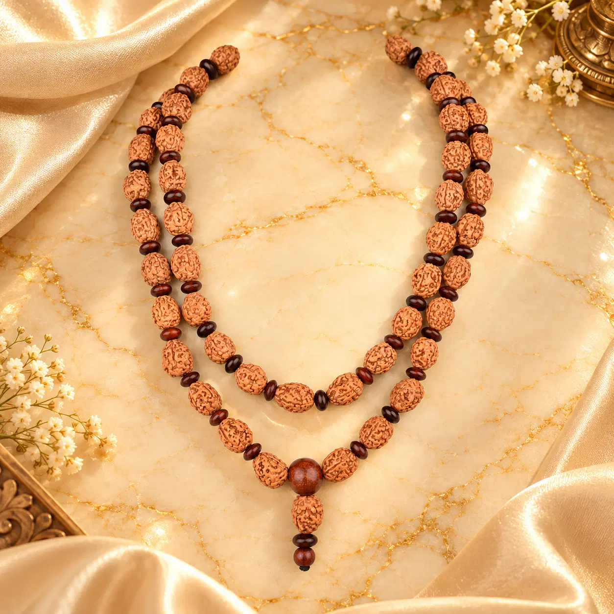 4 Mukhi & Red Sandal Elliptical Beads Mala