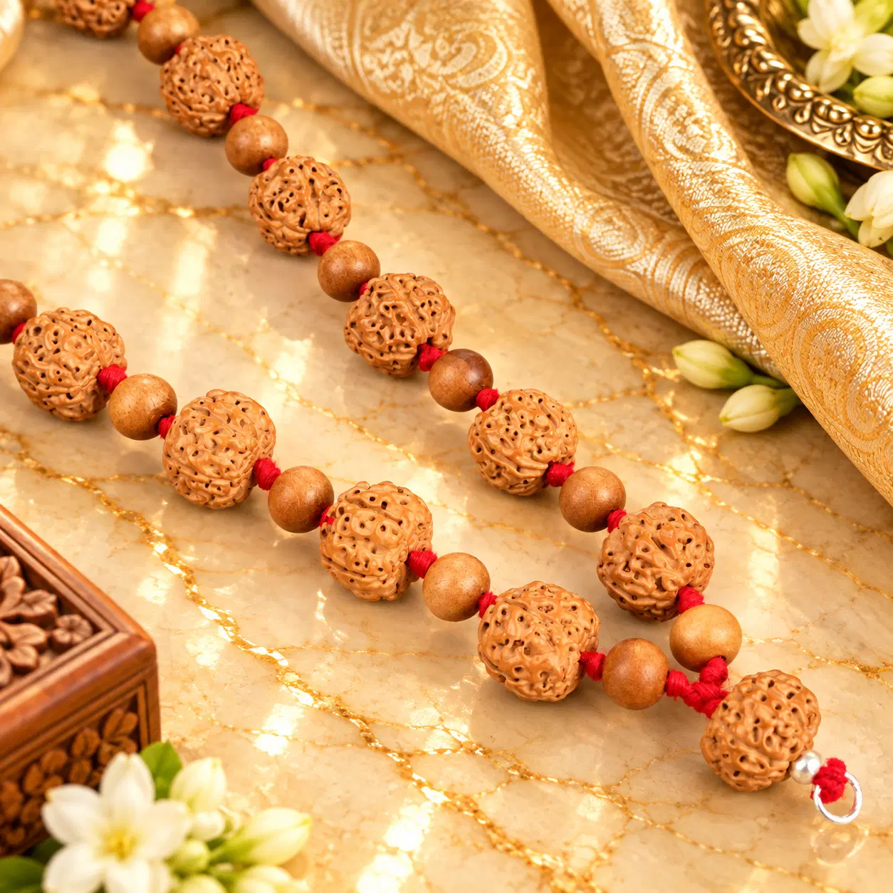 Premium 5 Mukhi & Red Sandal Elliptical Beads Mala