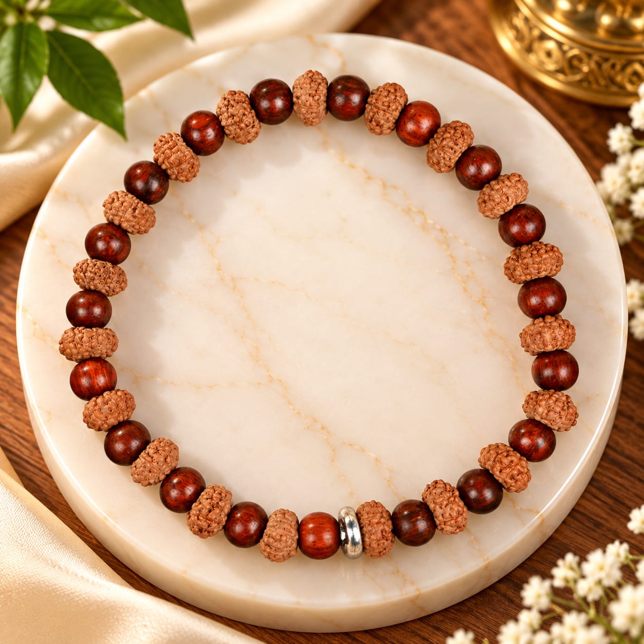 Premium 7 Mukhi Rudraksha x White Sandalwood Adjustable Bracelet