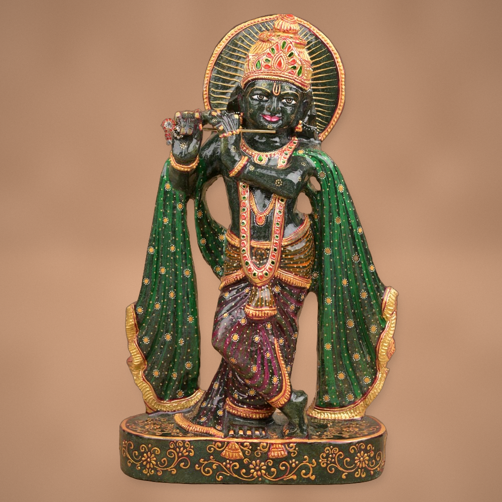 Green Aventurine Bansuri Krishna Idol (Painted Indian Jade)